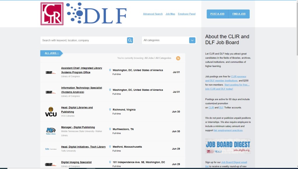 screenshot of the CLIR DLF job board website
